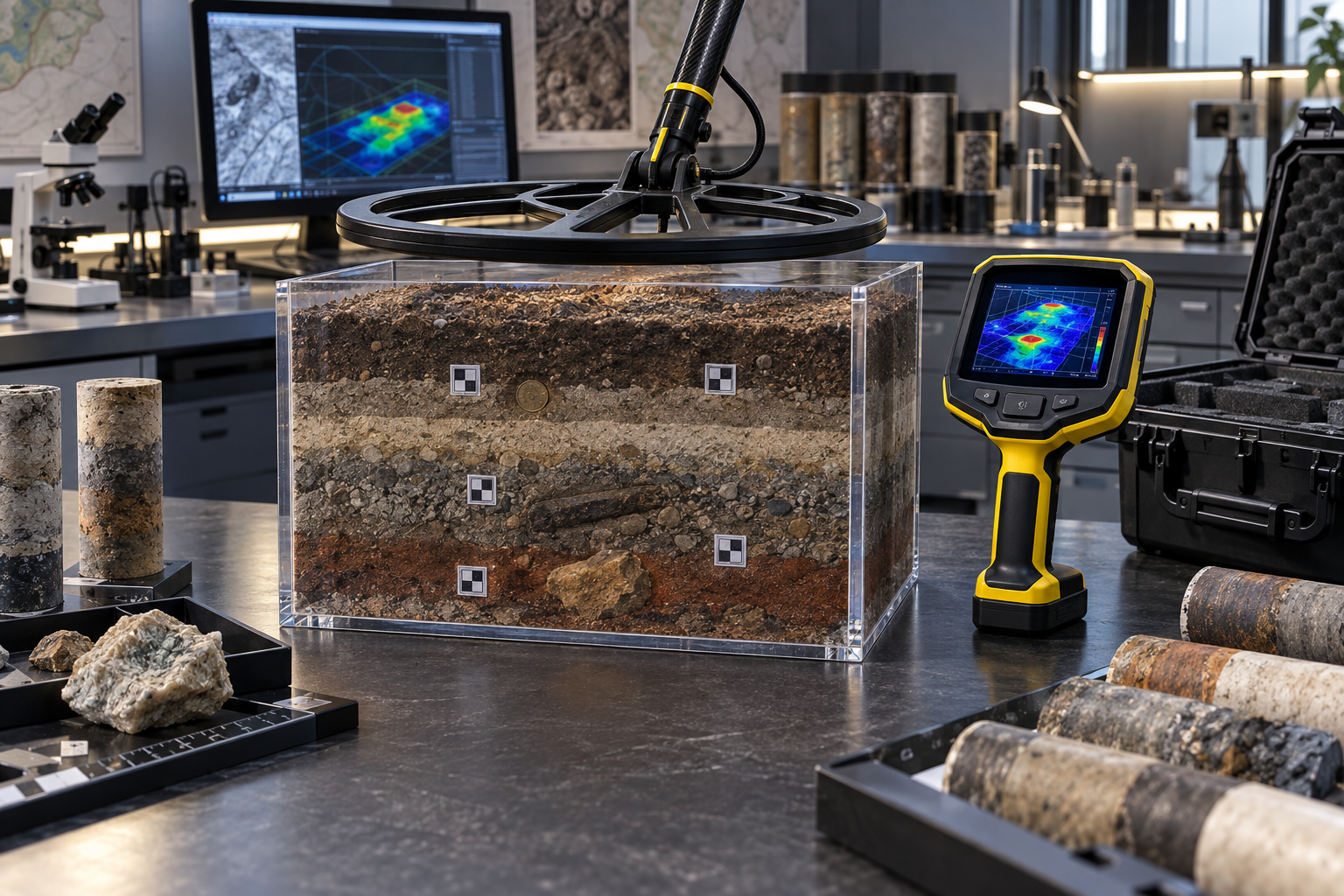 Test de détecteur de métaux et scanner 3D sur bac de sol calibré